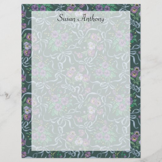 ヴィンテージビクトリアンパープルパンジーブルーリボン紙 (裏面)