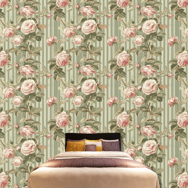 ヴィンテージビクトリアンピンクのバラの緑のパタストライプのーン 壁紙 (クリエイターアップロード済み)