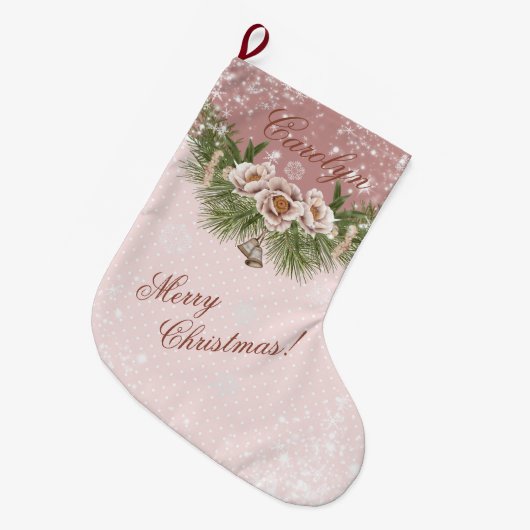 ヴィンテージビクトリアンピンクフローラと水玉模様 ラージクリスマスストッキング (正面 (吊り時))
