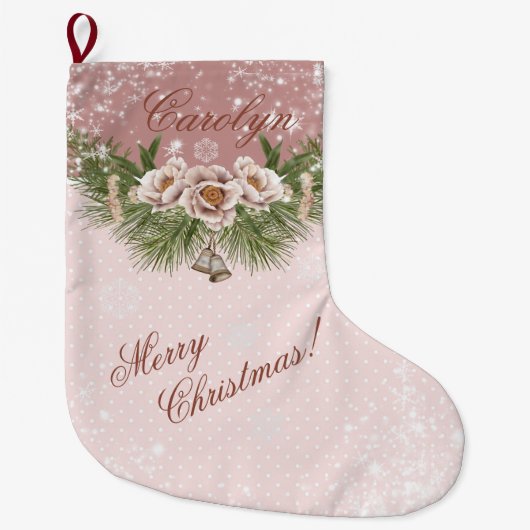 ヴィンテージビクトリアンピンクフローラと水玉模様 ラージクリスマスストッキング (正面)