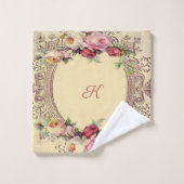 ヴィンテージビクトリアンピンクレッドローズモノグラム バスタオルセット (ウォッシュタオル)