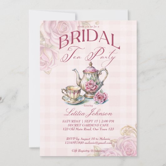 ヴィンテージビクトリアンピンクローズブライダルティーパーティー 招待状 (正面)