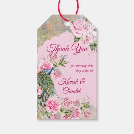 ヴィンテージビクトリアンピンク牡丹バラ孔雀カスタム ギフトタグ (正面)