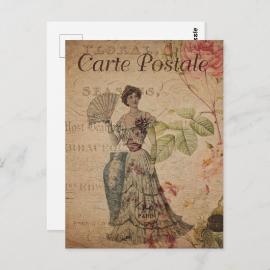 ヴィンテージビクトリアンファン付き女性 ポストカード (正面/裏面)