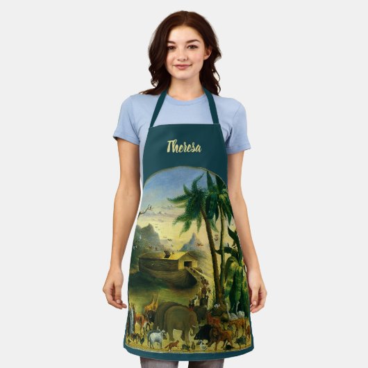 ヴィンテージビクトリアンフォークアート、ノアの箱舟by Hidley エプロン (着用した状態)