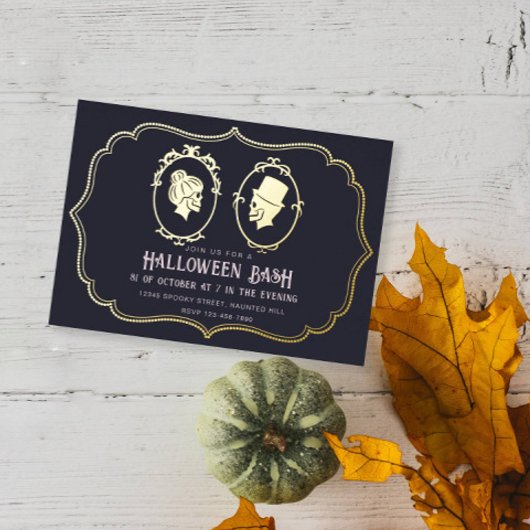 ヴィンテージビクトリアンフレームスカルハローウィンパーティ 箔招待状