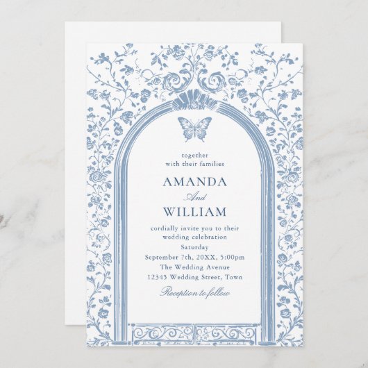 ヴィンテージビクトリアンフローラダスティブルースケ結婚ッチ 招待状 (正面/裏面)