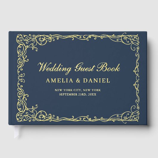 ヴィンテージビクトリアンフローラネイビーブルー金ゴールド結婚ズ ゲストブック (正面)