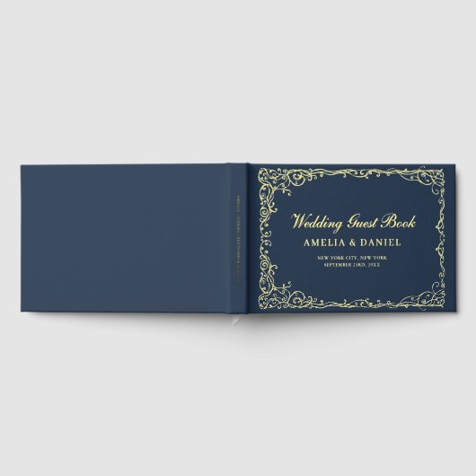 ヴィンテージビクトリアンフローラネイビーブルー金ゴールド結婚ズ ゲストブック (全面)
