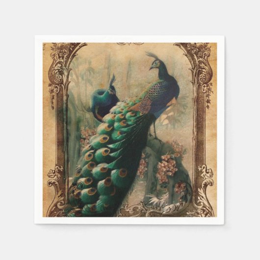 ヴィンテージビクトリアンフローラパリス孔雀 スタンダードカクテルナプキン (正面)