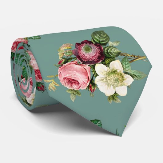 ヴィンテージビクトリアンフローラルパターンティール(緑がかった色)グレー ネクタイ (ロール)