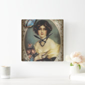 ヴィンテージビクトリアンフローラレトロなパリ女性 スクエア壁時計 (ホーム)