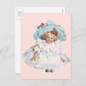 ヴィンテージビクトリアンベビーガールドール、イースタードレスハット シーズンポストカード (正面/裏面)