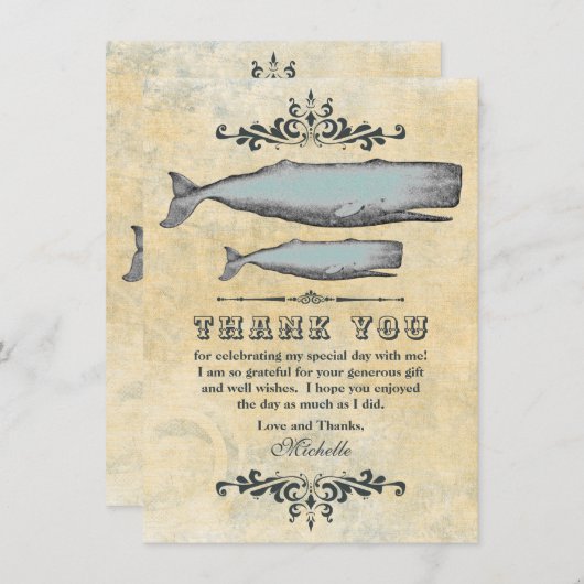 ヴィンテージビクトリアンホエールママ&カーフビーチ サンキューカード (正面/裏面)