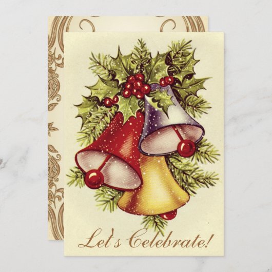 ヴィンテージビクトリアンホリデーベルズクリスマスパーティー 招待状 (正面/裏面)