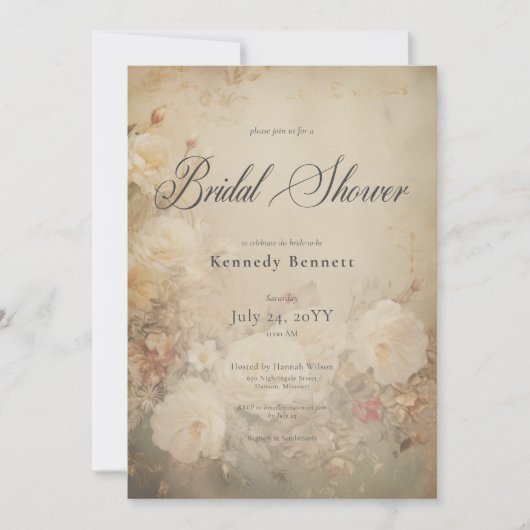 ヴィンテージビクトリアンホワイトローズブライダルシャワー 招待状 (正面)