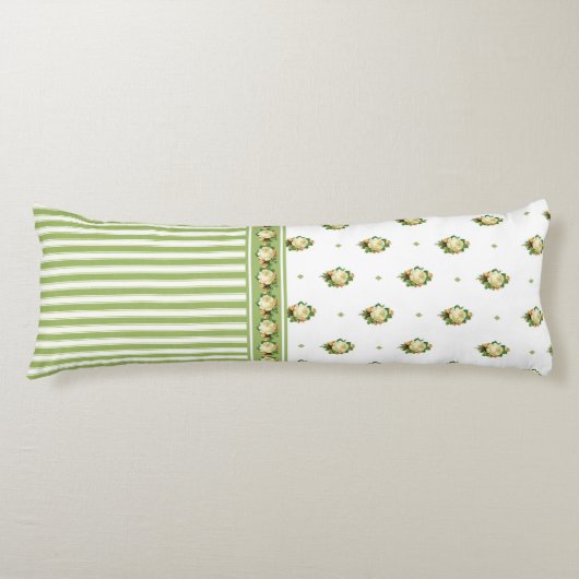 ヴィンテージビクトリアンホワイトローズ開花グリストライプーン ボディピロー (正面)