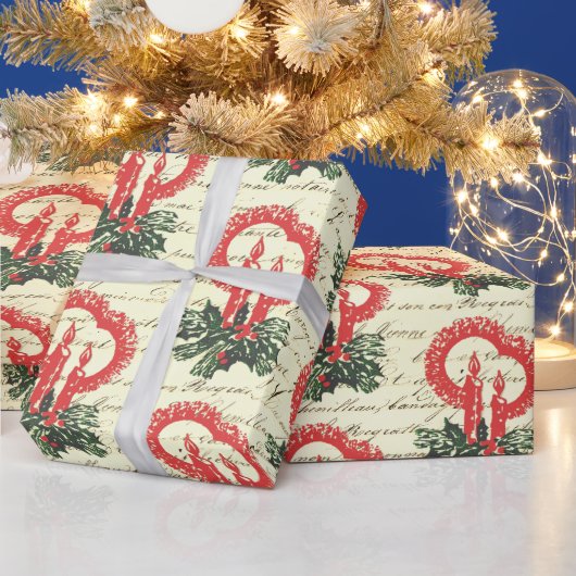 ヴィンテージビクトリアンレッドグリーンクリスマスホリーキャンドル ラッピングペーパー (クリスマス)