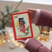 ヴィンテージビクトリアンレッドレディーブルー傘クリスマス シーズンカード