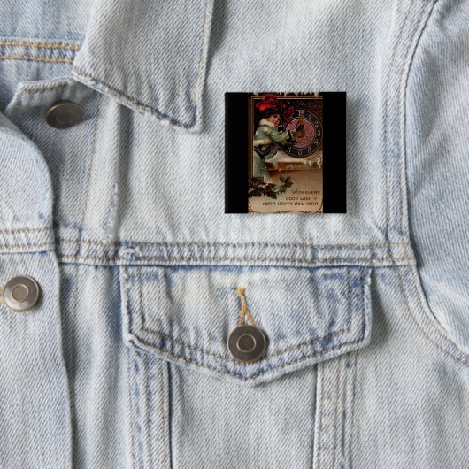 ヴィンテージビクトリアンレディーハッピーニューイヤーのピンボタン 缶バッジ (インサイチュ)