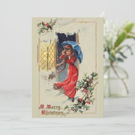 ヴィンテージビクトリアンレディーレッドクリスマスホリデーカード シーズンカード (スタンド正面)