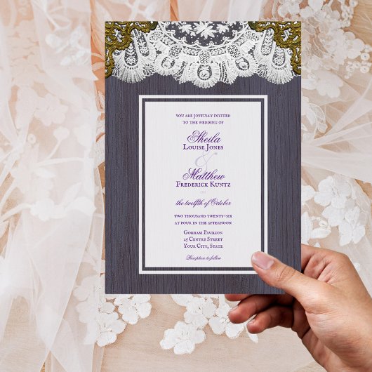 ヴィンテージビクトリアンレースと埃っぽいパープルバーンウッド 招待状