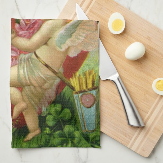 ヴィンテージビクトリアンヴァレンティンデイエンジェルハートバラ キッチンタオル (四つ折り)