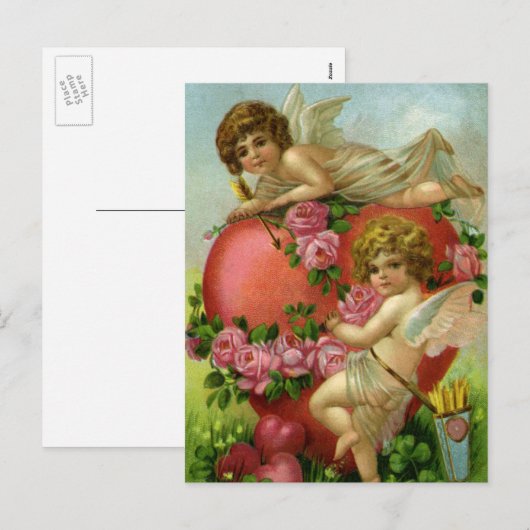 ヴィンテージビクトリアンヴァレンティンデイエンジェルハートバラ シーズンポストカード (正面/裏面)