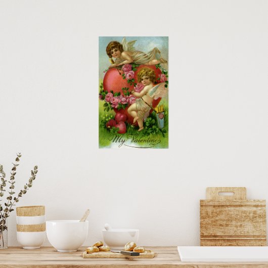ヴィンテージビクトリアンヴァレンティンデイエンジェルハートバラ ポスター (キッチン)