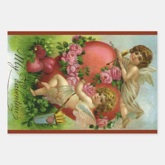 ヴィンテージビクトリアンヴァレンティンデイエンジェルハートバラ ラッピングペーパーシート (正面)