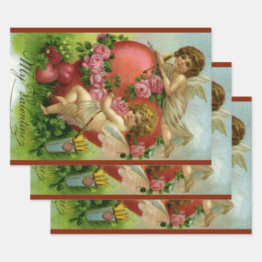 ヴィンテージビクトリアンヴァレンティンデイエンジェルハートバラ ラッピングペーパーシート (セット)