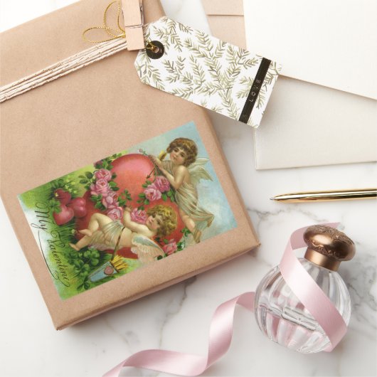 ヴィンテージビクトリアンヴァレンティンデイエンジェルハートバラ 長方形シール (ギフト)