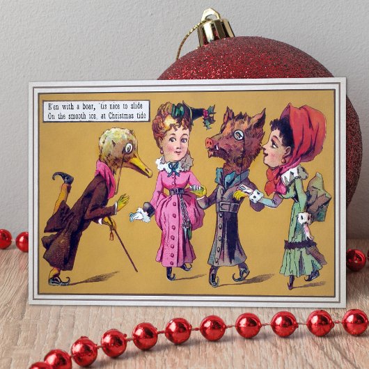 ヴィンテージビクトリアン奇数スケートで滑るクリスマスカード シーズンカード