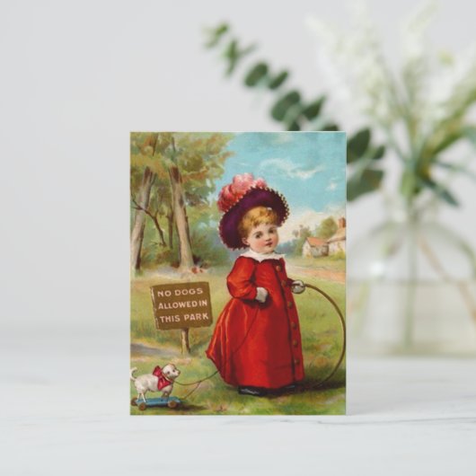 ヴィンテージビクトリアン女子ドッグウォーカー葉書 ポストカード (スタンド正面)