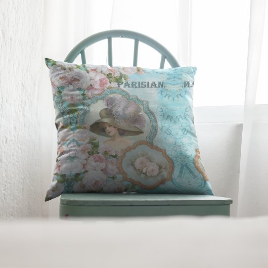 ヴィンテージビクトリアン女性フローラバラパウダーブルー クッション