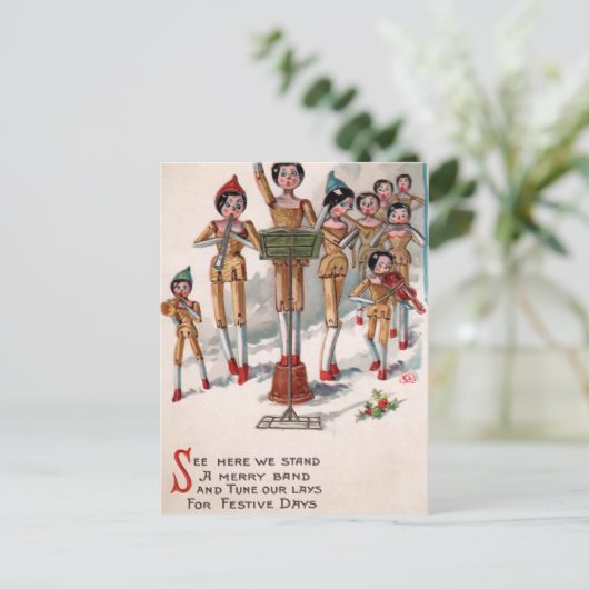 ヴィンテージビクトリアン木人形バンドクリスマス ポストカード (スタンド正面)