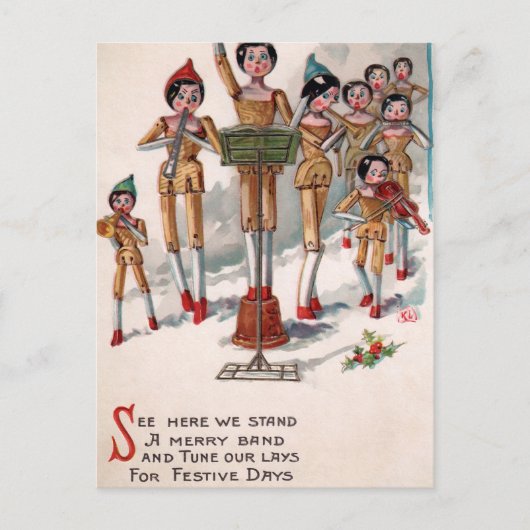 ヴィンテージビクトリアン木人形バンドクリスマス ポストカード (正面)
