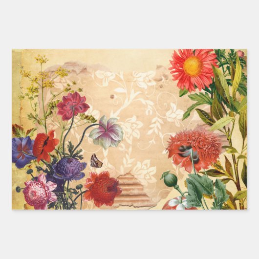 ヴィンテージビクトリアン素朴フローラの古いデコパージュ ラッピングペーパーシート (正面)