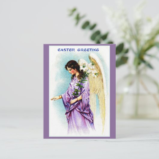 ヴィンテージビクトリアン紫エンジェル復活祭の挨拶 シーズンポストカード (スタンド正面)