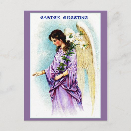 ヴィンテージビクトリアン紫エンジェル復活祭の挨拶 シーズンポストカード (正面)