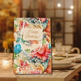 ヴィンテージビクトリアン花柄ハッピーバースデー ミディアムペーパーバッグ