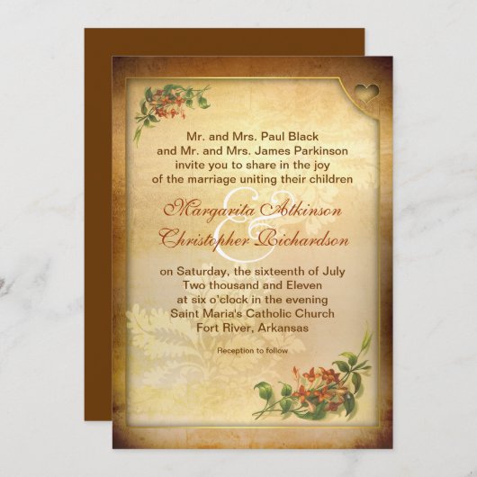 ヴィンテージビクトリアン茶色の老化結婚式招待状 招待状 (正面/裏面)