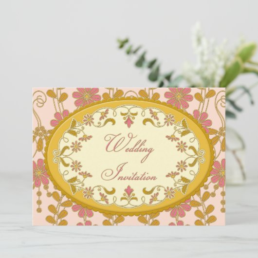 ヴィンテージビクトリアン金ゴールドピンク結婚式招待状 招待状 (スタンド正面)