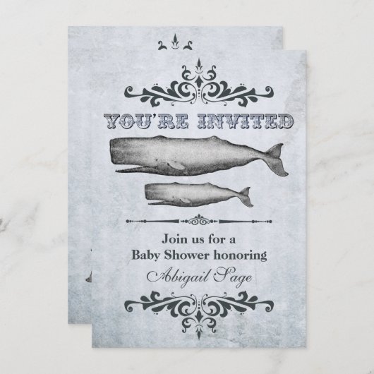 ヴィンテージビクトリアン鯨ビーチベビーシャワー 招待状 (正面/裏面)