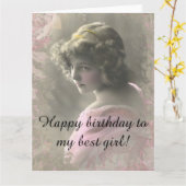 ヴィンテージビクトリアン10代の少女ピンクのビッグカード カード (黄色い花)