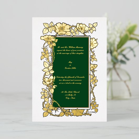 ヴィンテージビクトリアン1896年バラつる植物縁ど 箔招待状 (立ち正面)