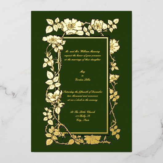 ヴィンテージビクトリアン1896年バラつる植物縁ど 箔招待状 (正面)