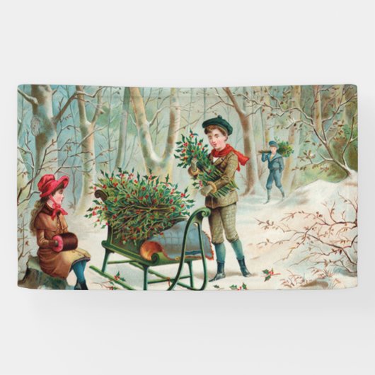 ヴィンテージビクトリアン，素朴，クリスマス，パターン，女の子 横断幕 (横)