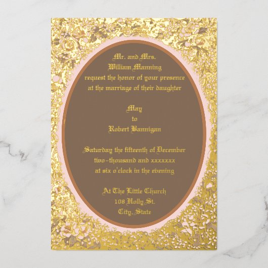 ヴィンテージビクトリアンEraリボンと花Ovalフレーム 箔招待状 (正面)