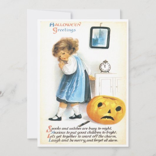 ヴィンテージビクビク小さな女の子と悲しいカボチャ 招待状 (正面)